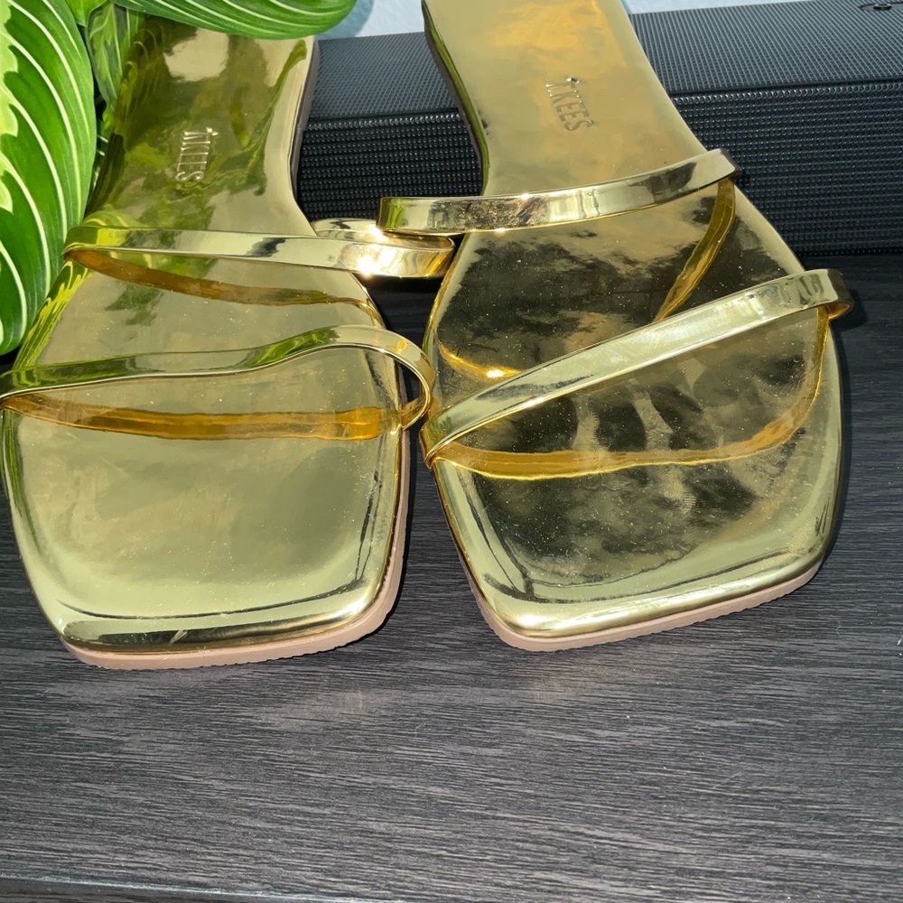TKEES Gold Metallic Double Strap Slide Sandals - Picture 4 of 7